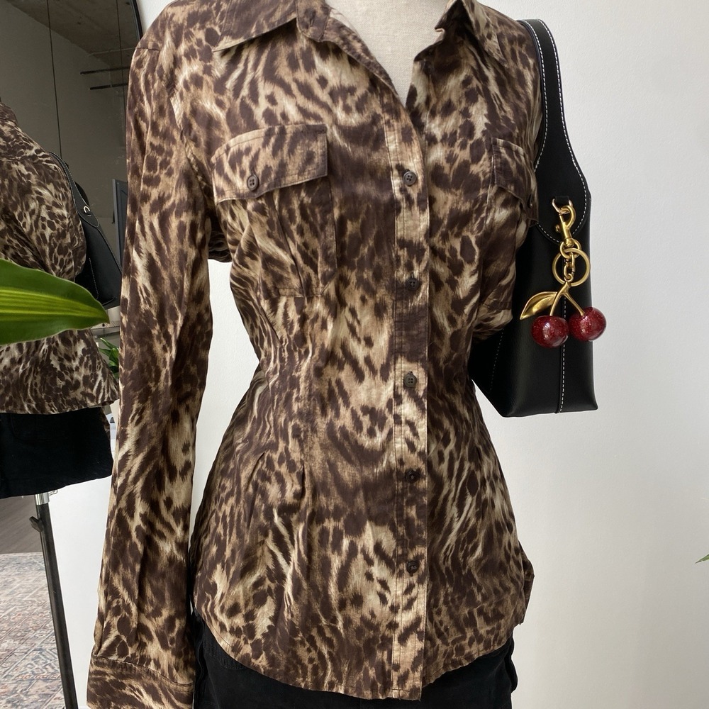 Y2K Jones New York Leopard Print Long Sleeve Button Up Size Large Cherrygirl - Picture 2 of 8